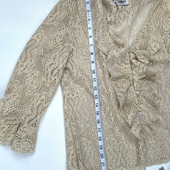 Womens Small Y2K Beige Lace Ruffle Blouse Cardigan Flared 3/4 Sleeves - Picture 4 of 11